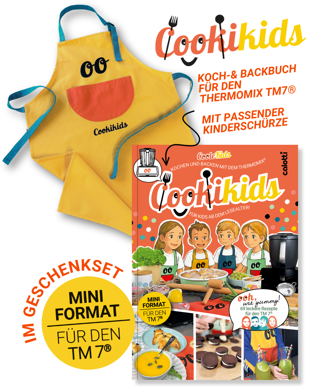 Cookikids TM7® SET Buch mit Schürze: Kochen und Backen mit dem Thermomix® TM7 (Mini Format DIN A5) für Kids ab dem Lesealter!