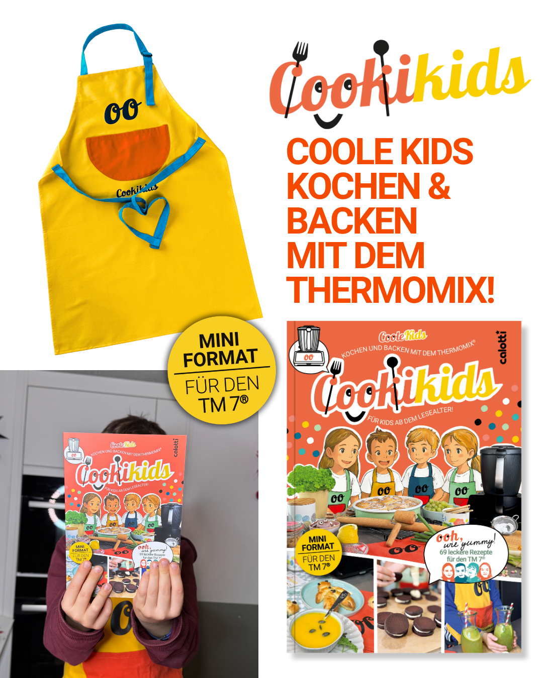 Cookikids TM7® SET Buch mit Schürze: Kochen und Backen mit dem Thermomix® TM7 (Mini Format DIN A5) für Kids ab dem Lesealter!