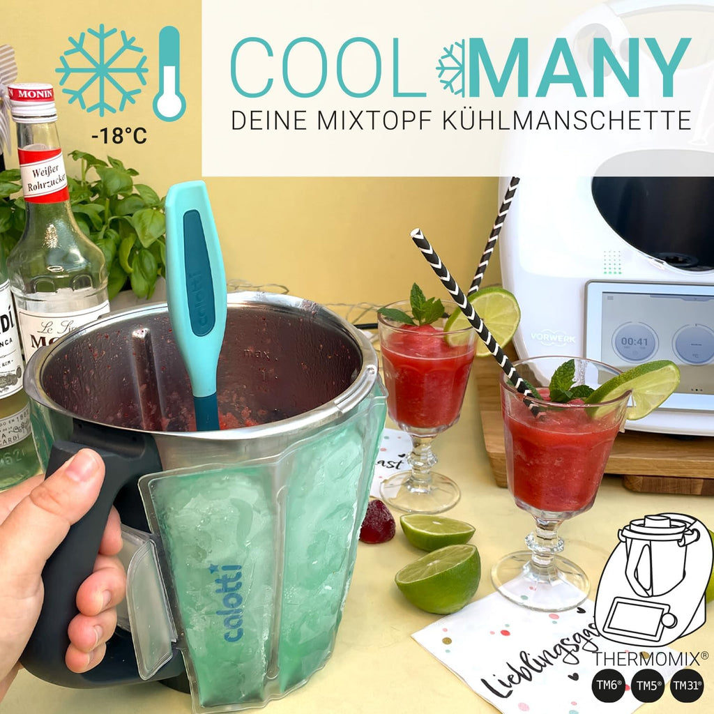 Calotti® COOL Many Deine Kühlmanschette für den Thermomix® Mixtopf TM6®,TM5® und TM31®. Einfach um den Mixtopf kletten und runterkühlen. Hält den Mixtopf eine Stunde kühl.