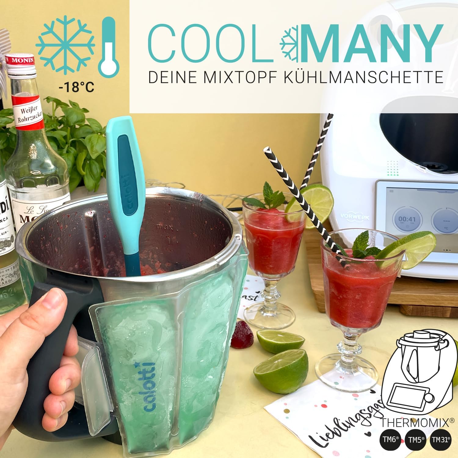 Calotti® COOL Many Deine Kühlmanschette für den Thermomix® Mixtopf TM6®,TM5® und TM31®. Einfach um den Mixtopf kletten und runterkühlen. Hält den Mixtopf eine Stunde kühl.