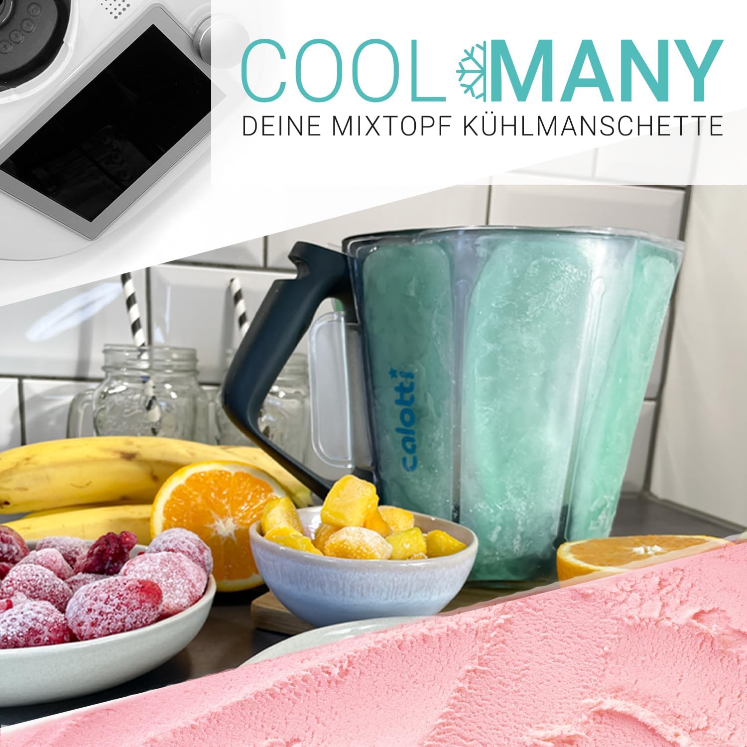 Calotti® COOL Many Deine Kühlmanschette für den Thermomix® Mixtopf TM6®,TM5® und TM31®. Einfach um den Mixtopf kletten und runterkühlen. Hält den Mixtopf eine Stunde kühl.