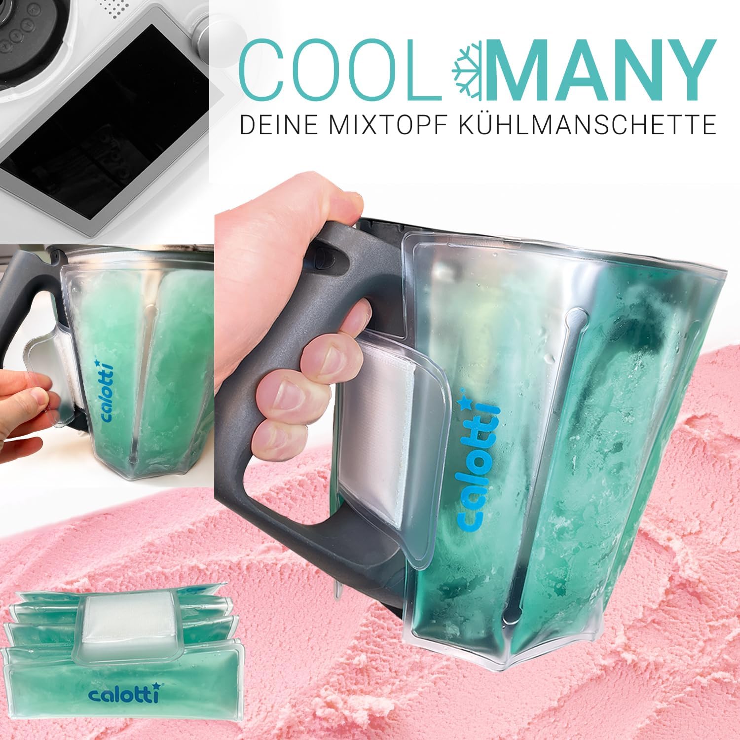 Calotti® COOL Many Deine Kühlmanschette für den Thermomix® Mixtopf TM6®,TM5® und TM31®. Einfach um den Mixtopf kletten und runterkühlen. Hält den Mixtopf eine Stunde kühl.