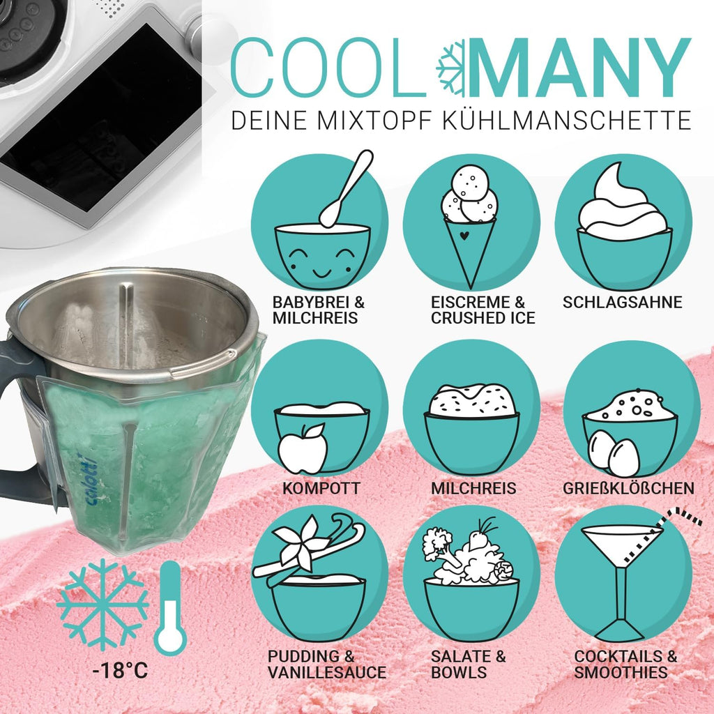 Calotti® COOL Many Deine Kühlmanschette für den Thermomix® Mixtopf TM6®,TM5® und TM31®. Einfach um den Mixtopf kletten und runterkühlen. Hält den Mixtopf eine Stunde kühl.