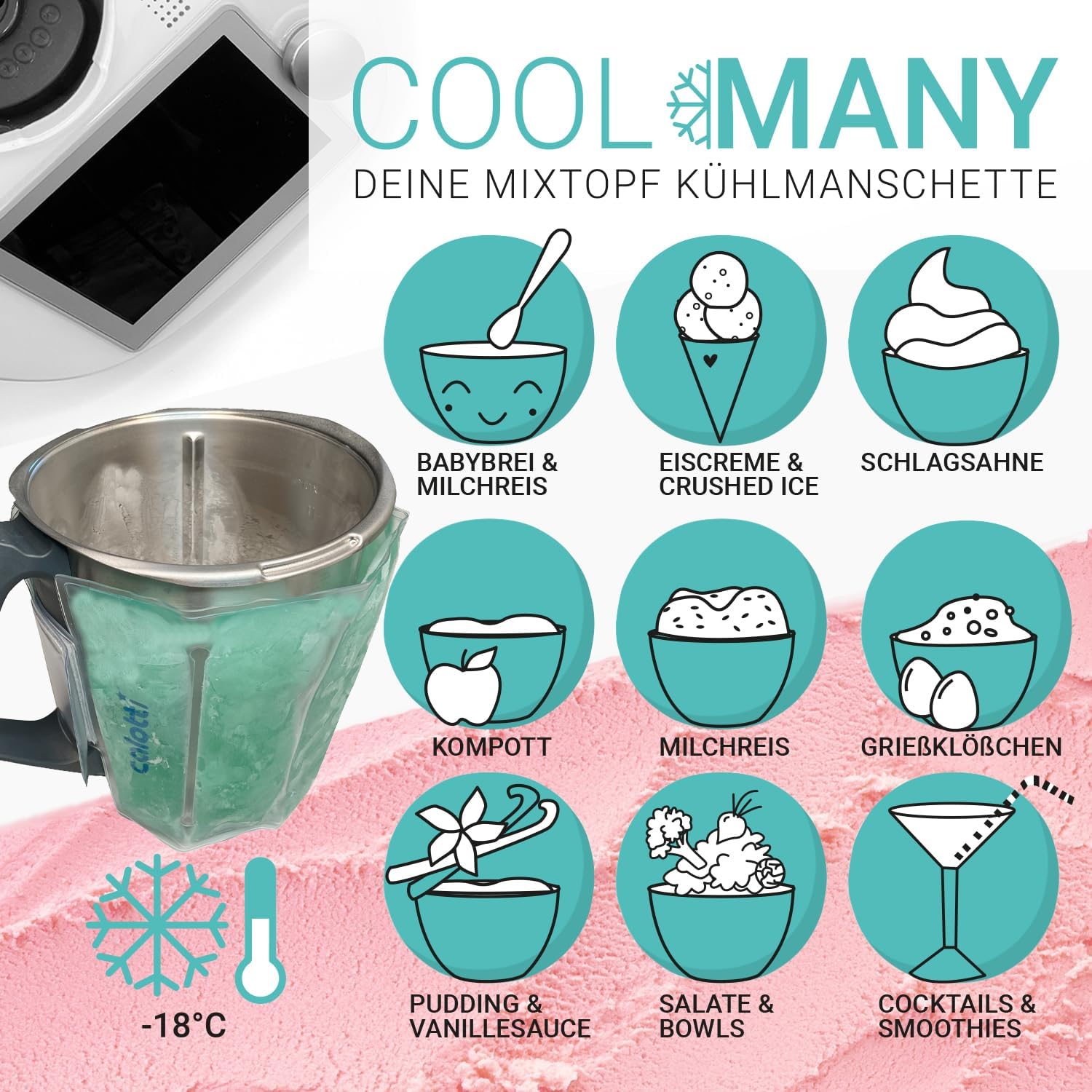 Calotti® COOL Many Deine Kühlmanschette für den Thermomix® Mixtopf TM6®,TM5® und TM31®. Einfach um den Mixtopf kletten und runterkühlen. Hält den Mixtopf eine Stunde kühl.