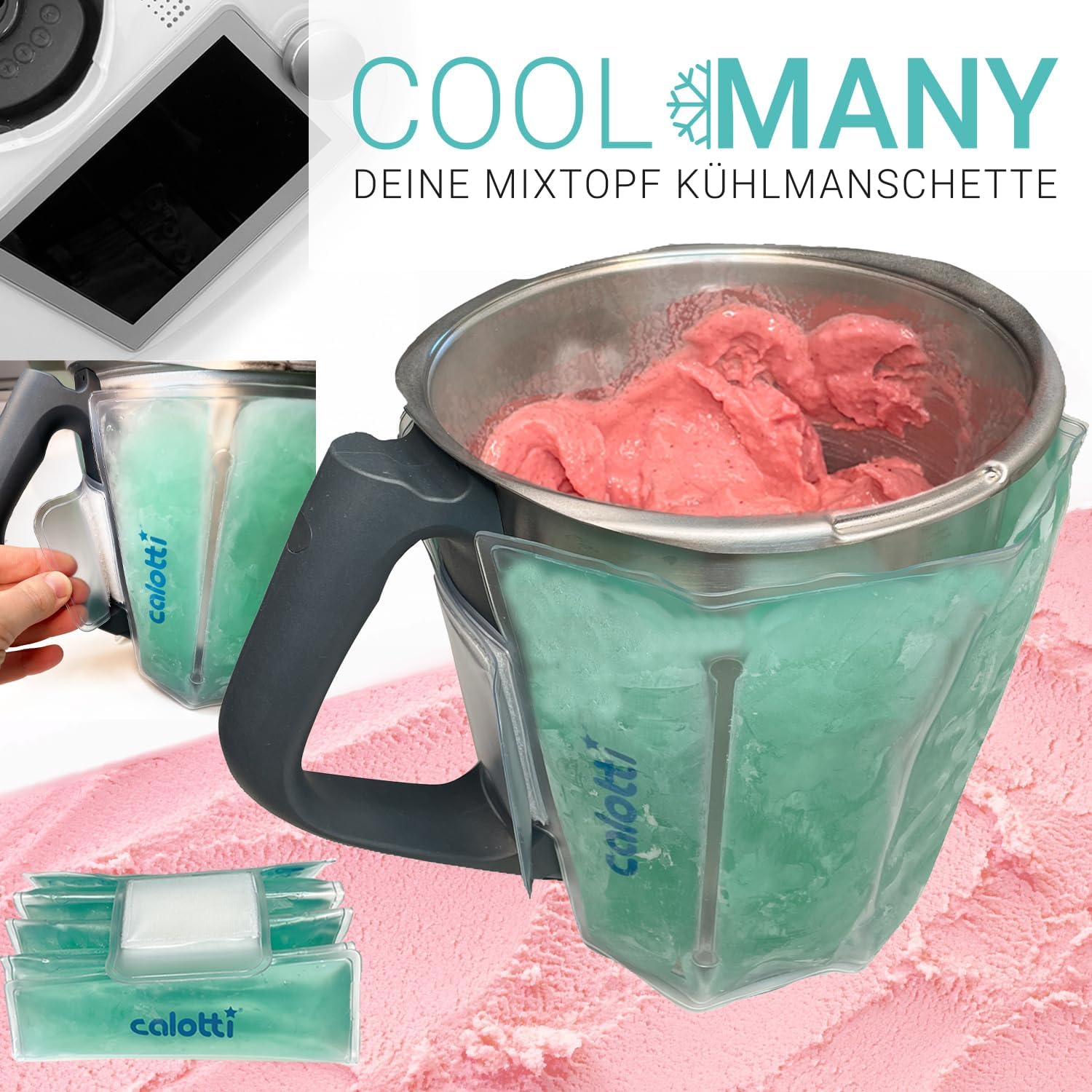 Calotti® COOL Many Deine Kühlmanschette für den Thermomix® Mixtopf TM6®,TM5® und TM31®. Einfach um den Mixtopf kletten und runterkühlen. Hält den Mixtopf eine Stunde kühl.
