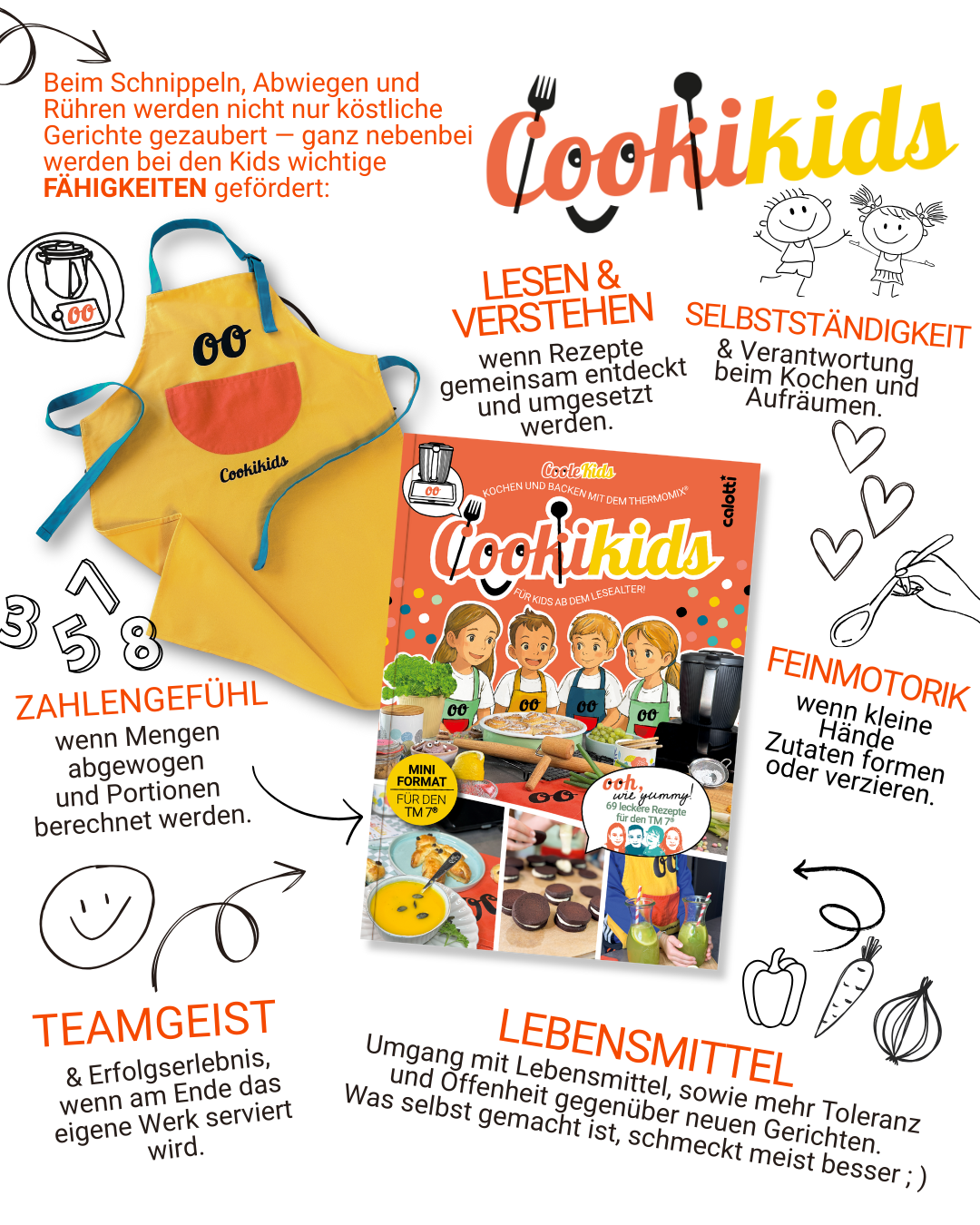 Cookikids TM7® SET Buch mit Schürze: Kochen und Backen mit dem Thermomix® TM7 (Mini Format DIN A5) für Kids ab dem Lesealter!