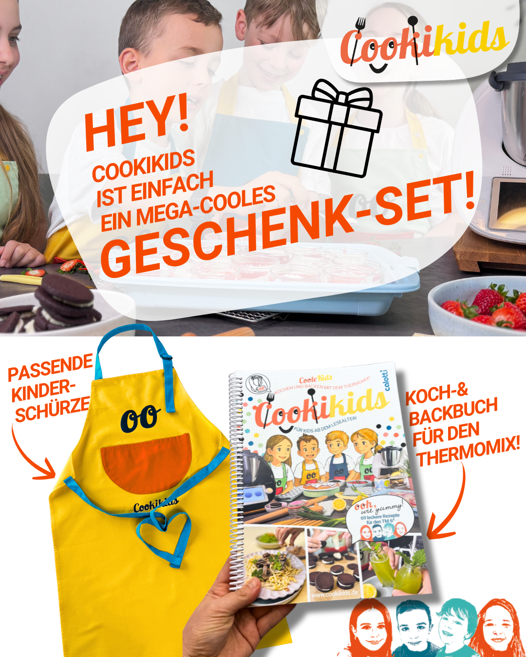 Cookikids Kinderschürze, Schürze, 100% Baumwolle, mit Tasche, verstellbarer Nackengurt. Passend zum Cookikids Kinderkochbuch für den Thermomix.