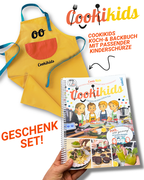 Cookikids Kinderschürze, Schürze, 100% Baumwolle, mit Tasche, verstellbarer Nackengurt. Passend zum Cookikids Kinderkochbuch für den Thermomix. Im Geschenkset erhältlich.
