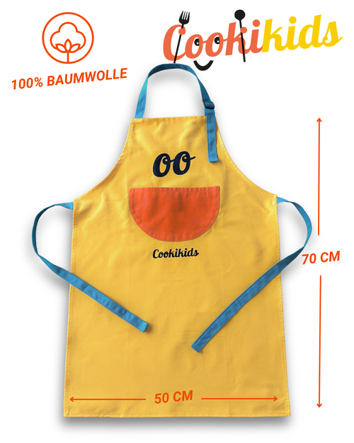 Cookikids Kinderschürze, Schürze, 100% Baumwolle, mit Tasche, verstellbarer Nackengurt. Passend zum Cookikids Kinderkochbuch für den Thermomix.