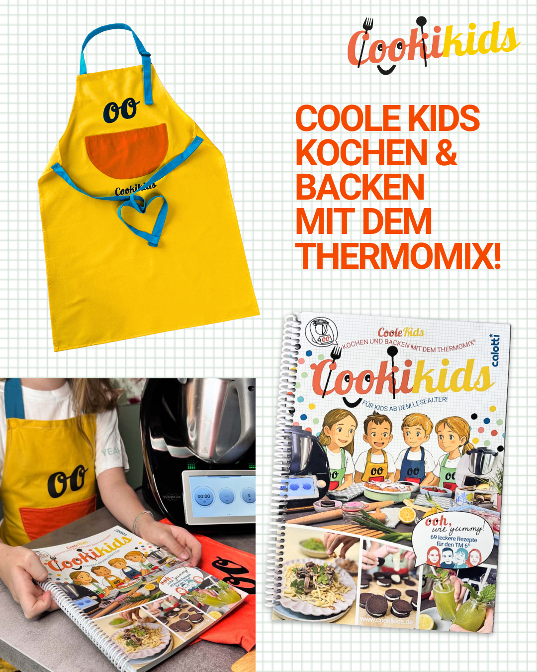 Cookikids Kinderschürze, Schürze, 100% Baumwolle, mit Tasche, verstellbarer Nackengurt. Passend zum Cookikids Kinderkochbuch für den Thermomix.