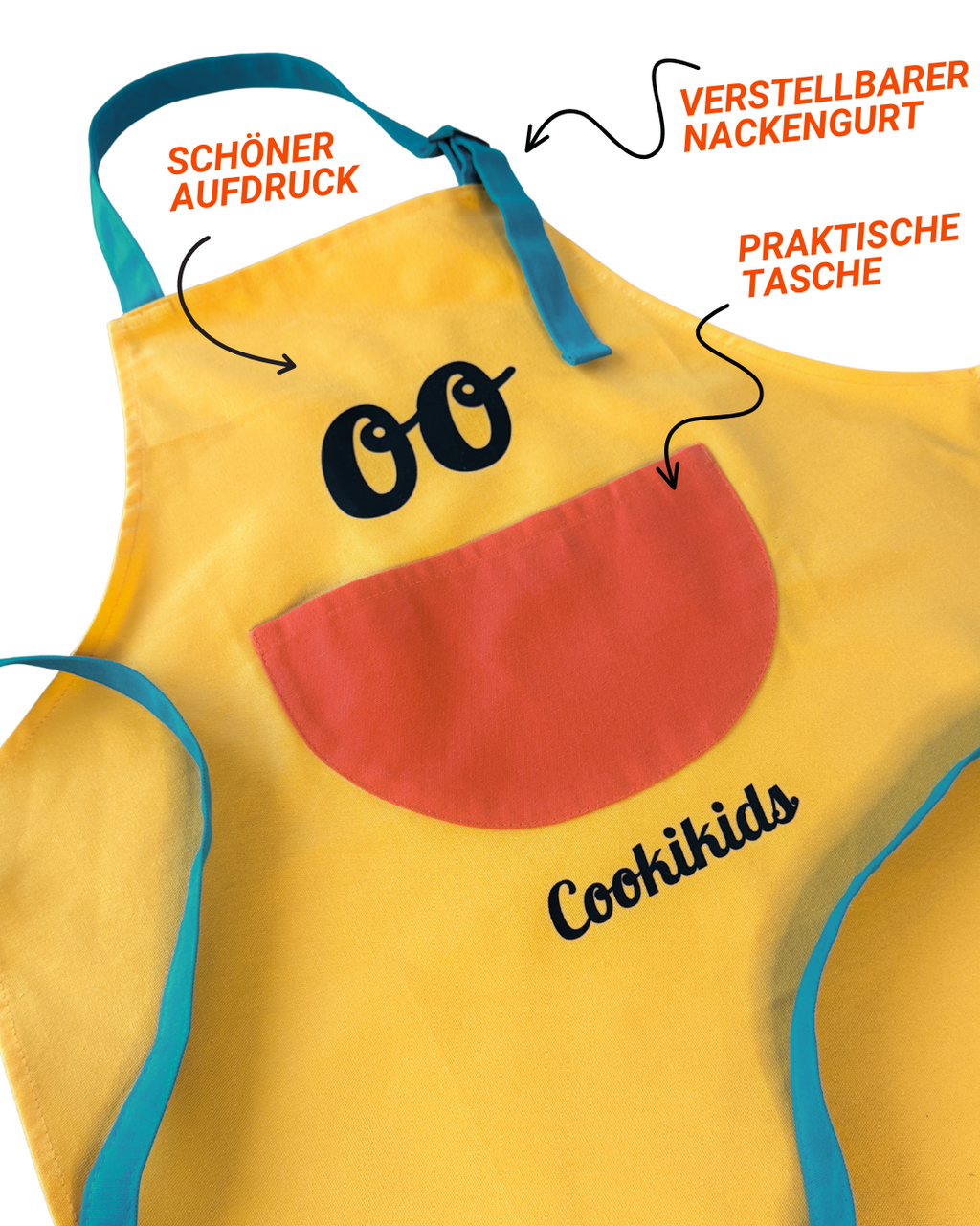 Cookikids Kinderschürze, Schürze, 100% Baumwolle, mit Tasche, verstellbarer Nackengurt. Passend zum Cookikids Kinderkochbuch für den Thermomix.
