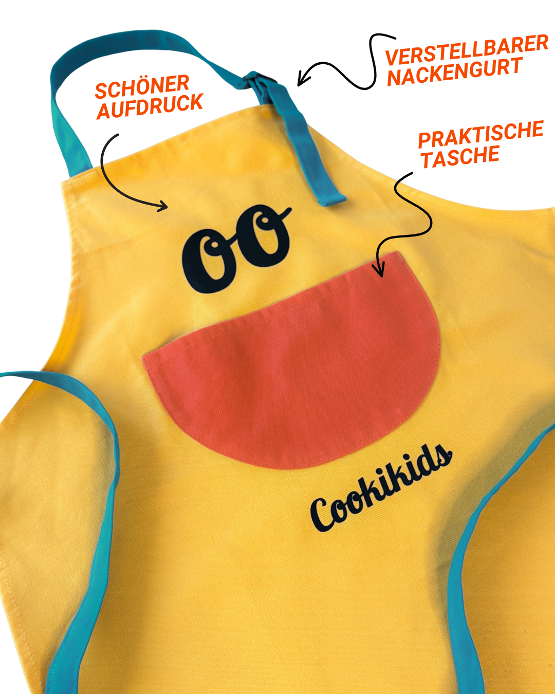 Cookikids Kinderschürze, Schürze, 100% Baumwolle, mit Tasche, verstellbarer Nackengurt. Passend zum Cookikids Kinderkochbuch für den Thermomix.